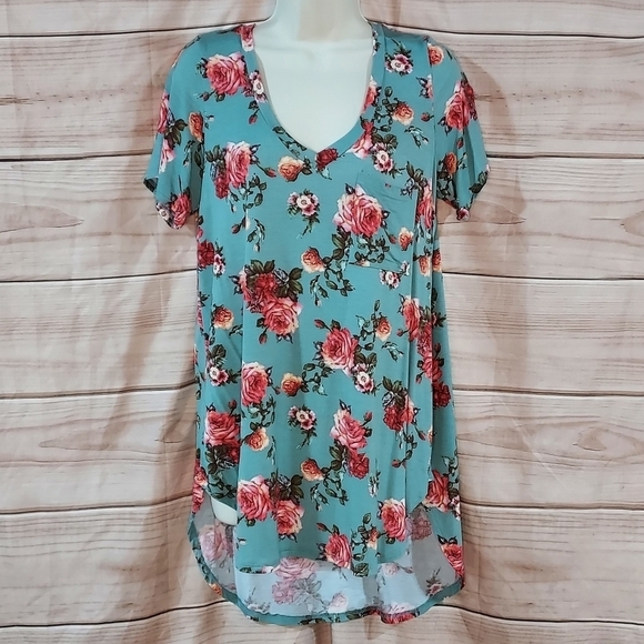 Modcloth tshirt Freeloader vneck tunic short sleeve tee turquoise pink floral M - Picture 2 of 8